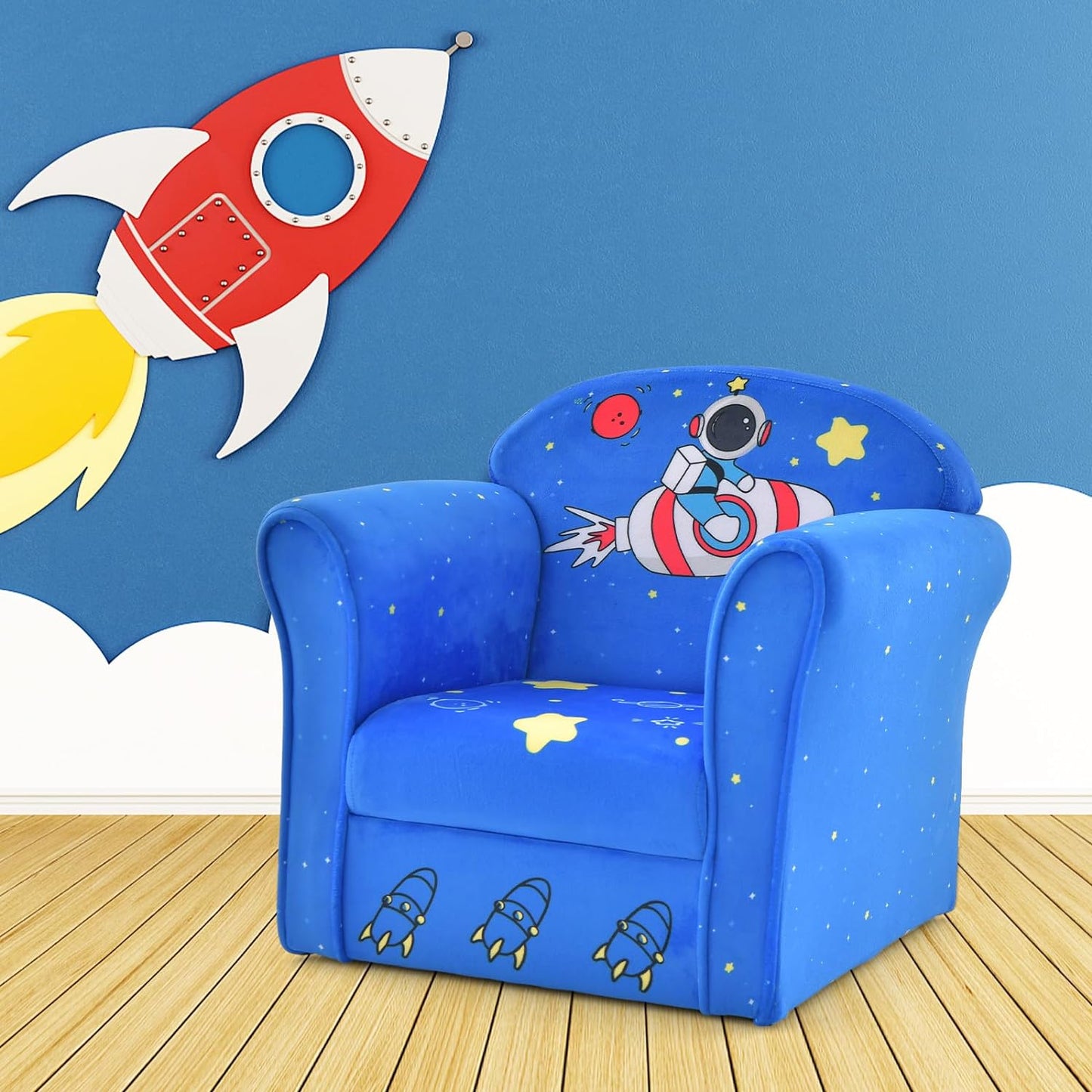 INFANS Kids Sofa, Toddler Armchair Chair with Sturdy Wood Construction Cartoon Pattern, Upholstered Children Armrest Couch for Nursery Kindergarten Playroom Preschool, Gift for Boys Girls