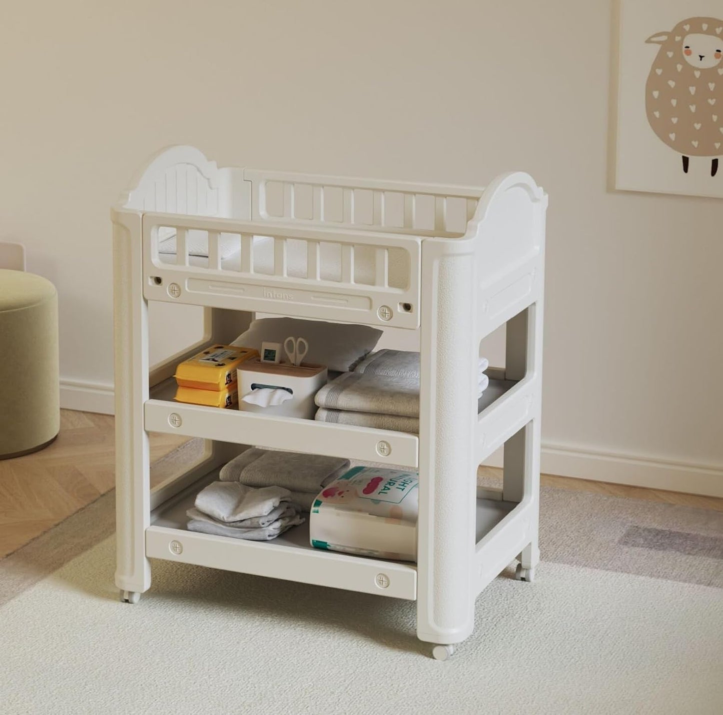 INFANS Baby Changing Table, Diaper Dresser Station with Latex Pad and Pillow, 3 Hanging Boxes, 2 Storage Racks, Lockable Wheels, Mobile Nursery Organizer for Newborn Infant (with Boxes)