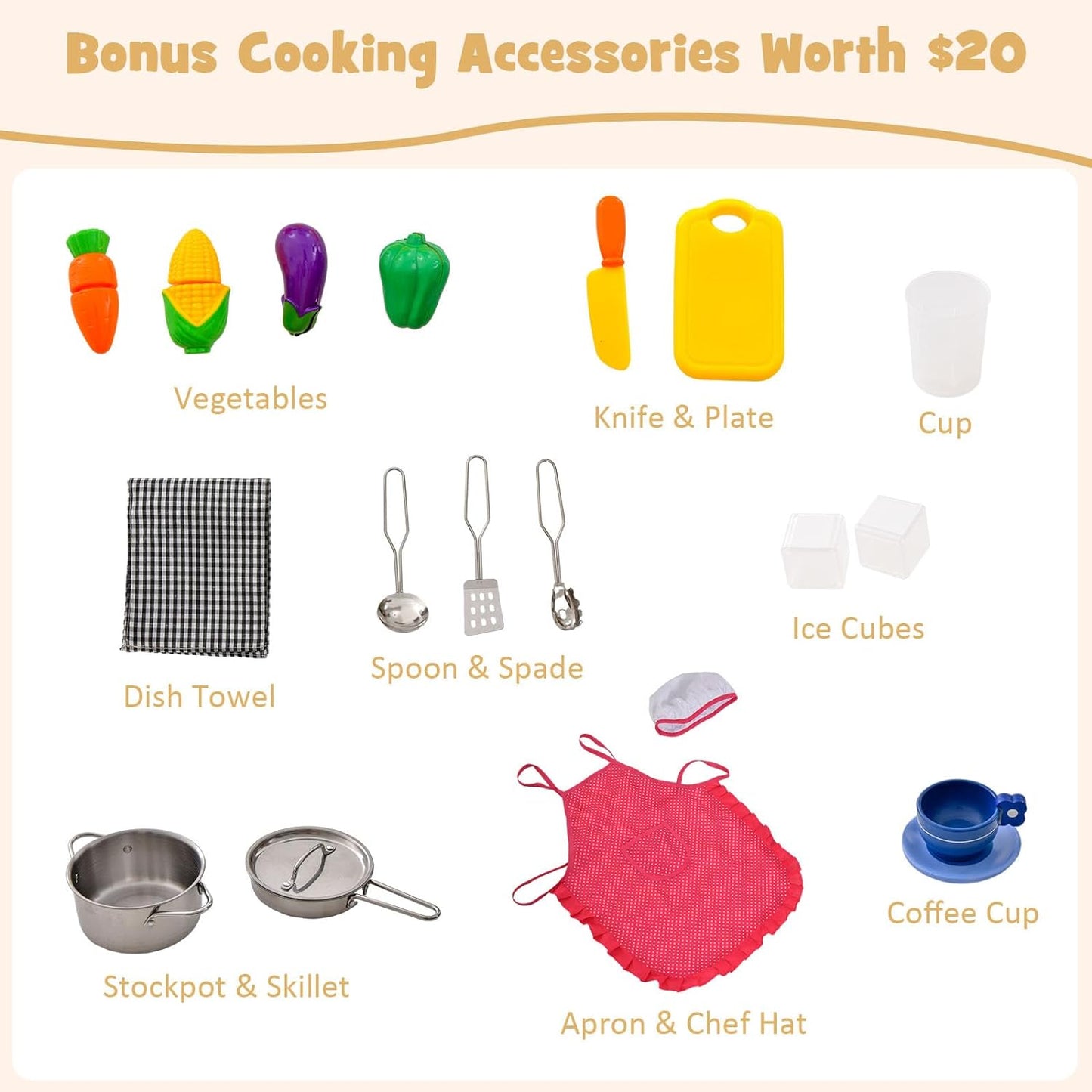 INFANS Kids Kitchen Playset with Lights, Toddler Wooden Pretend Cooking Set with Coffee Maker Ice Maker Stove Sink Microwave 2 Storage Bins, Simulation Play Kitchen Toy for Children Boys Girls