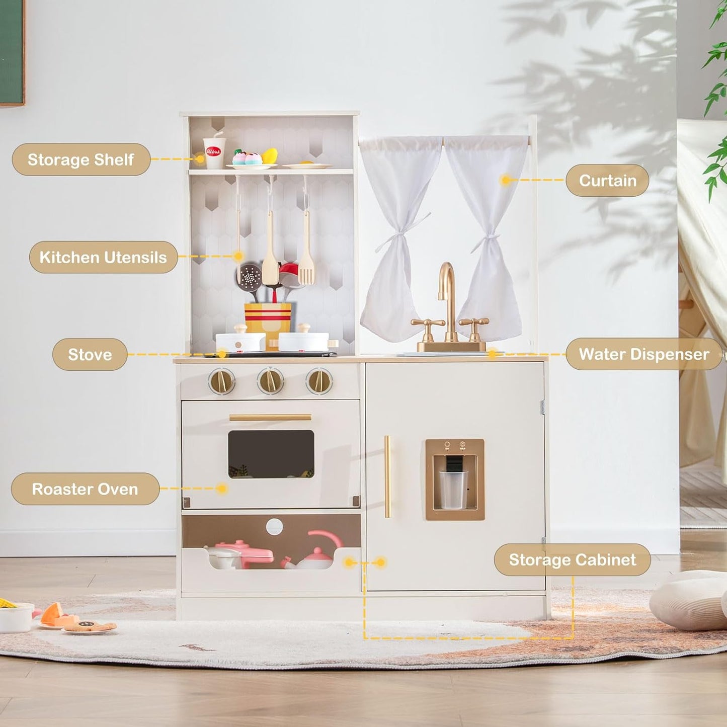 INFANS Kid Kitchen Playset, Toddler Wooden Pretend Cooking Set with Realistic Light & Sound, Stove, Sink, Microwave, Storage Cabinet, Play Kitchen Toy Set for Children Boys Girls
