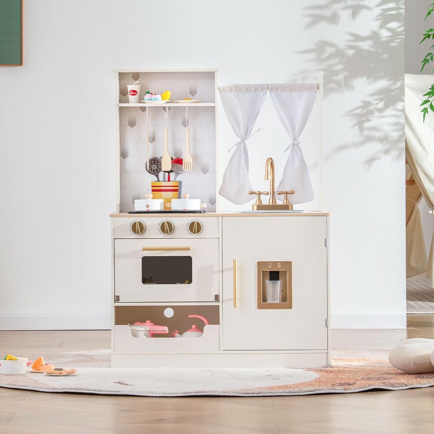INFANS Kid Kitchen Playset, Toddler Wooden Pretend Cooking Set with Realistic Light & Sound, Stove, Sink, Microwave, Storage Cabinet, Play Kitchen Toy Set for Children Boys Girls