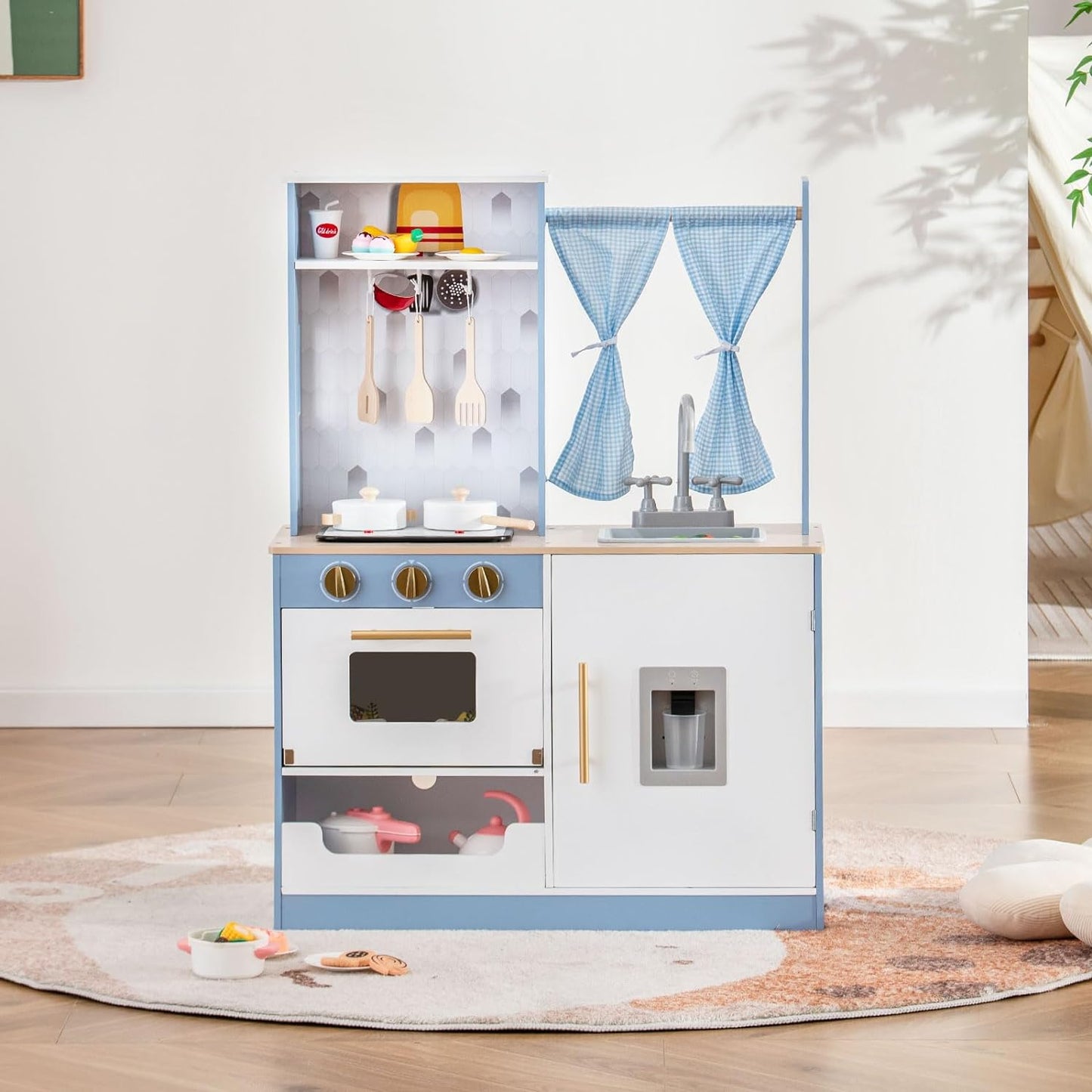 INFANS Kid Kitchen Playset, Toddler Wooden Pretend Cooking Set with Realistic Light & Sound, Stove, Sink, Microwave, Storage Cabinet, Play Kitchen Toy Set for Children Boys Girls