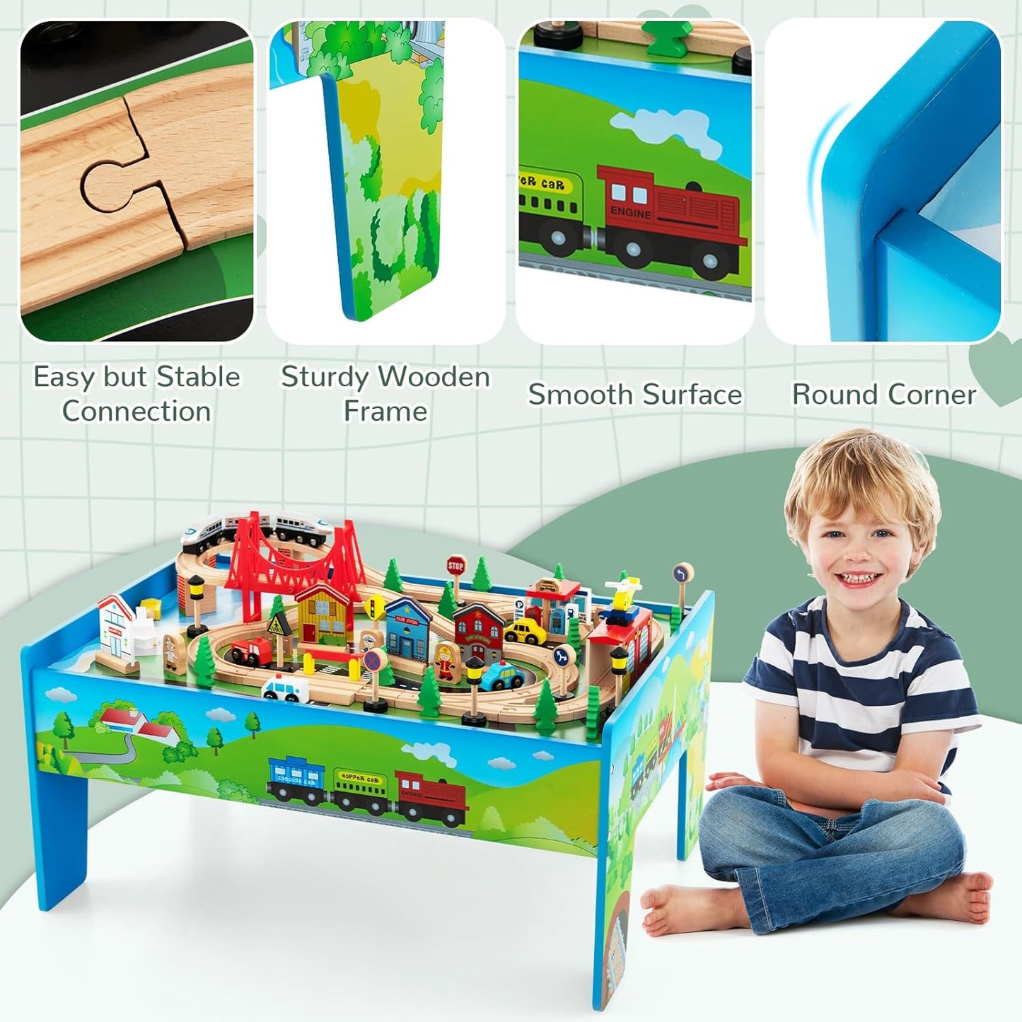 INFANS Train Table, 84 Pieces Wooden Kids Activity Toy Table Playset with Storage Drawer Reversible Detachable Tabletop, Tracks, Train, Railway, City, Gift for Toddler Boys Girls Ages 3+