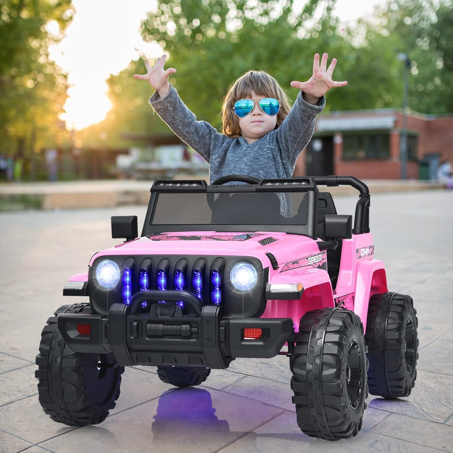 OLAKIDS Kids Ride on Truck, 12V Electric Vehicle with Remote Control, Battery Powered Toddler Car with Music, Horn, 3 Speeds, LED Lights, Bluetooth, USB, Radio