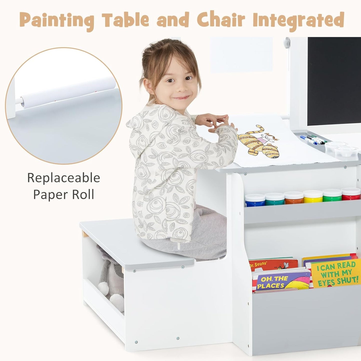 INFANS 3 in 1 Kids Art Table and Chair Set, Toddler Craft and Play Wood Activity Desk with Double-Sided Easel Blackboard Whiteboard, Paper Roll for Writing, Children Furniture for Daycare Nursery