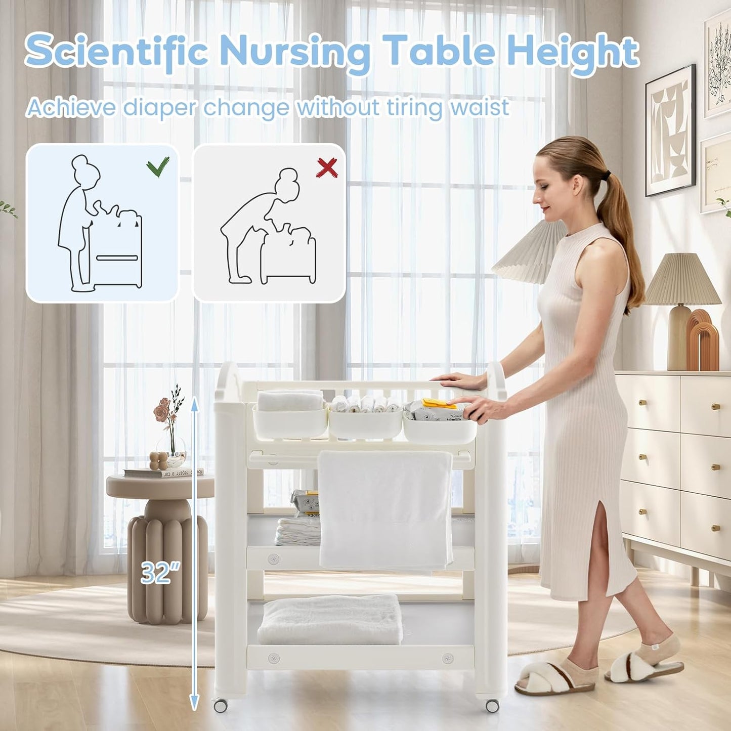 INFANS Baby Changing Table, Diaper Dresser Station with Latex Pad and Pillow, 3 Hanging Boxes, 2 Storage Racks, Lockable Wheels, Mobile Nursery Organizer for Newborn Infant (with Boxes)