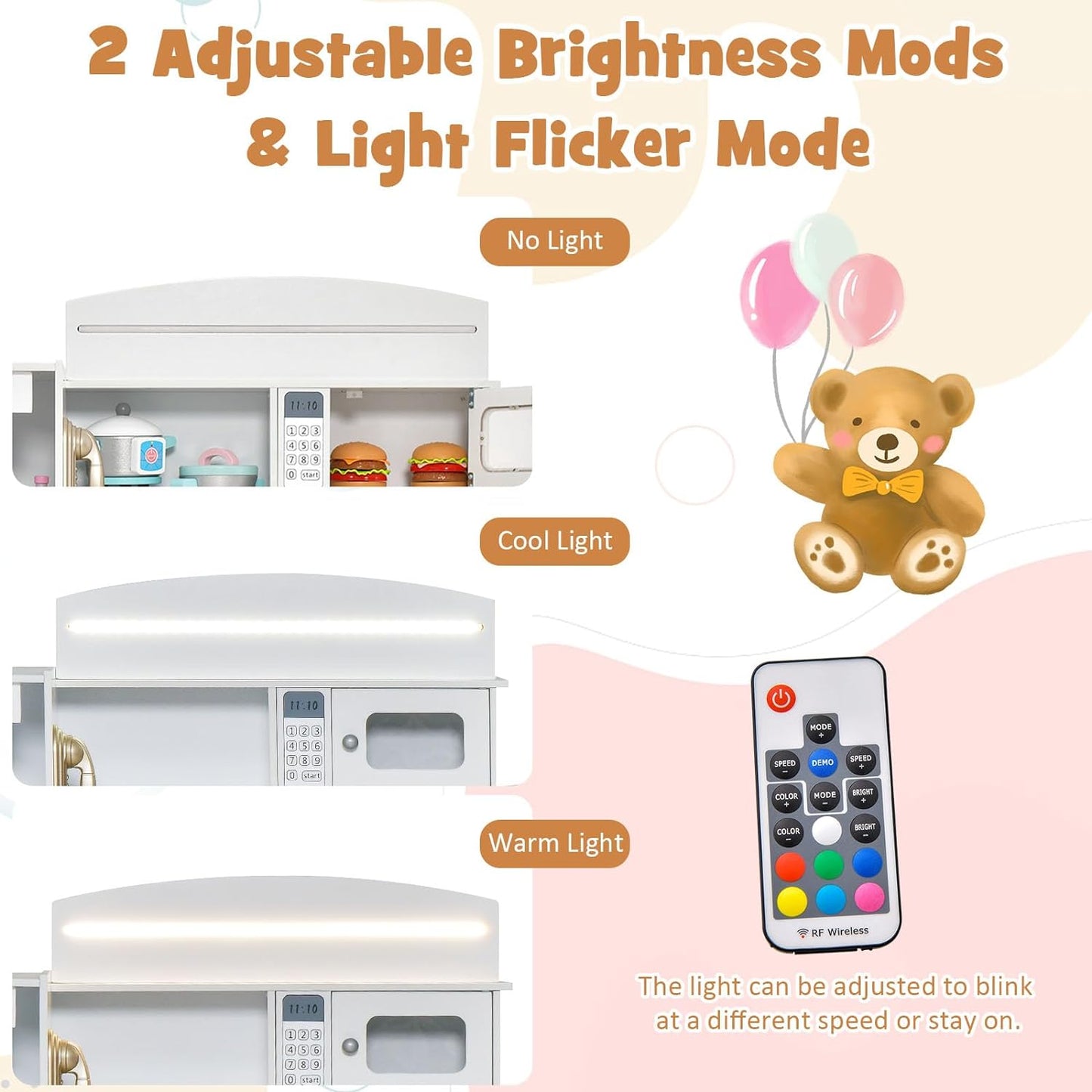 INFANS Kids Kitchen Playset with Lights, Toddler Wooden Pretend Cooking Set with Coffee Maker Ice Maker Stove Sink Microwave 2 Storage Bins, Simulation Play Kitchen Toy for Children Boys Girls