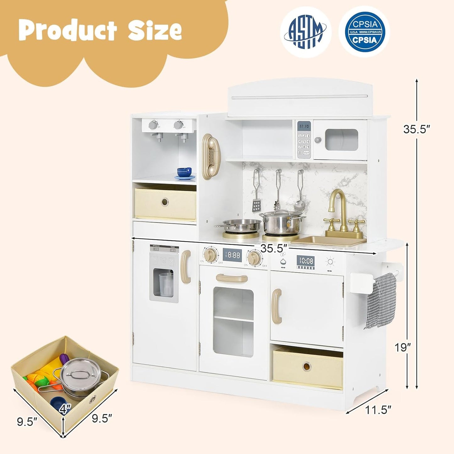 INFANS Kids Kitchen Playset with Lights, Toddler Wooden Pretend Cooking Set with Coffee Maker Ice Maker Stove Sink Microwave 2 Storage Bins, Simulation Play Kitchen Toy for Children Boys Girls