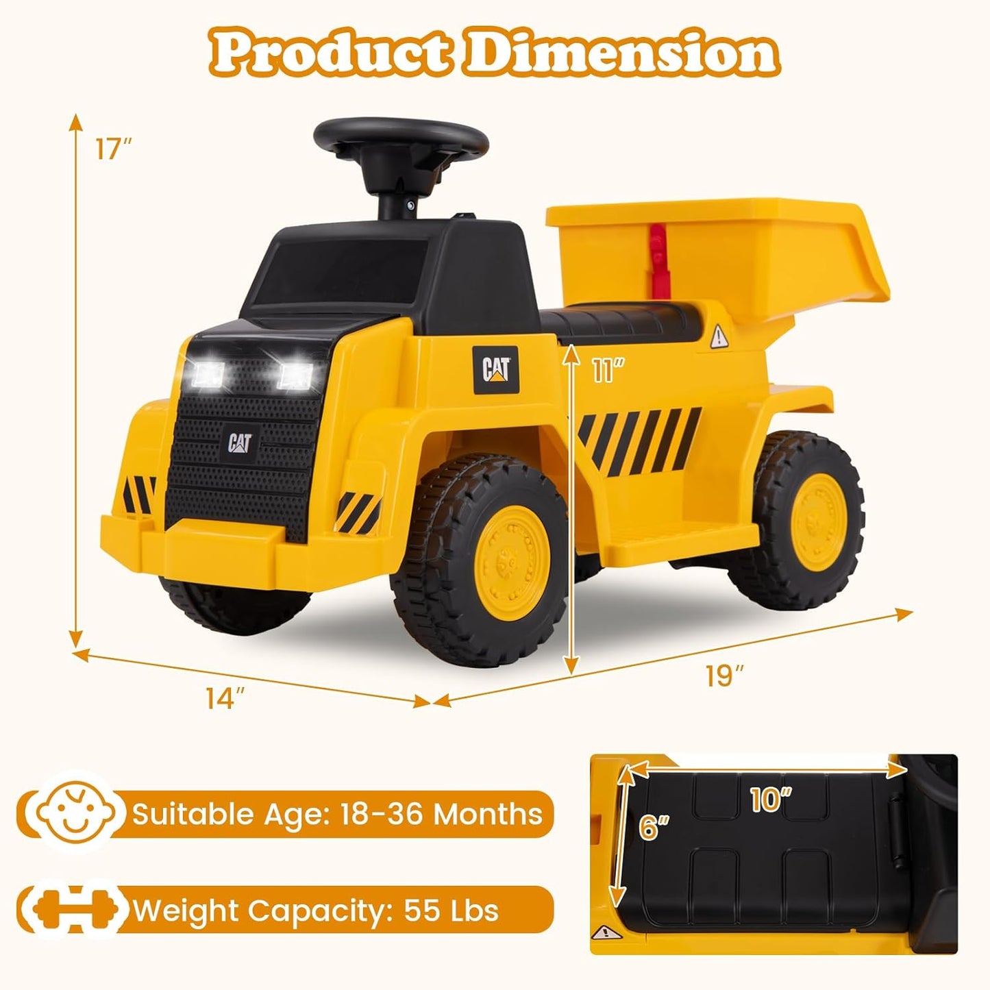 Licensed Cat Ride on Car by OLAKIDS, 6V Dump Truck Battery Powered Construction Electric Vehicle with Horn, Headlight, Bucket, Ride on Toys Gift for Kids Toddler Age 1.5-3