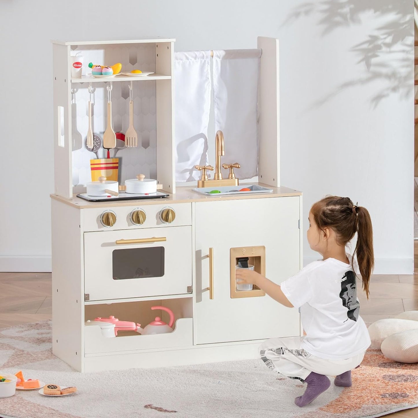 INFANS Kid Kitchen Playset, Toddler Wooden Pretend Cooking Set with Realistic Light & Sound, Stove, Sink, Microwave, Storage Cabinet, Play Kitchen Toy Set for Children Boys Girls