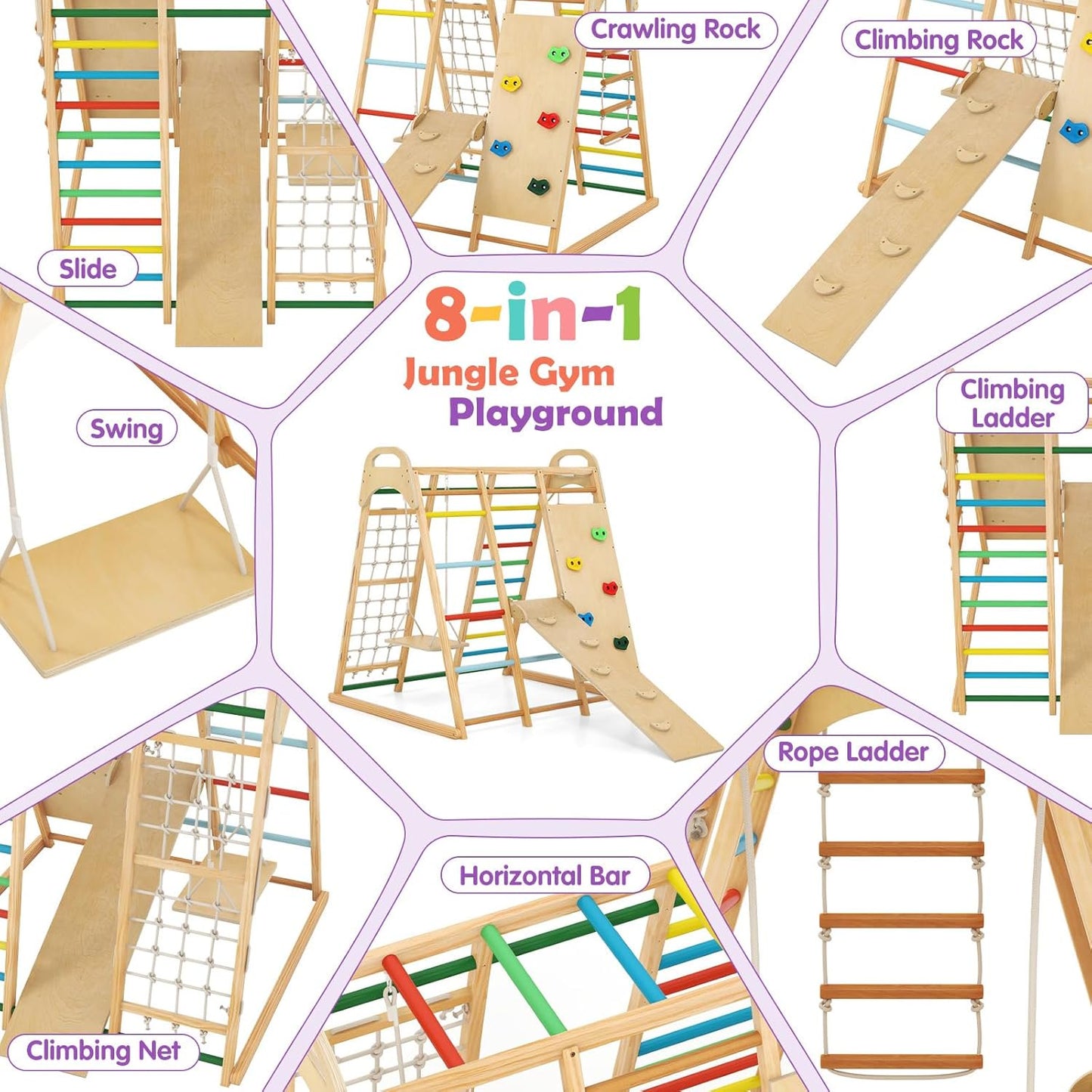 OLAKIDS 8 in 1 Climbing Toys for Toddlers, Kids Wood Montessori Climber Playset, Indoor Playground Jungle Gym