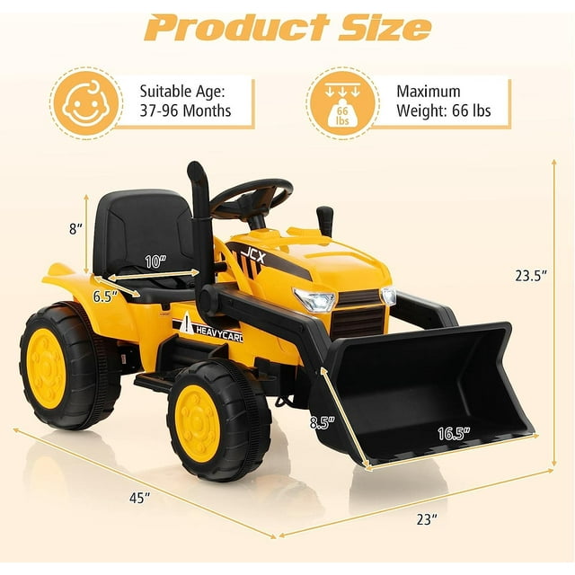 OLAKIDS Kids Ride on Car, 12V Electric Excavator Vehicle Construction Truck with Remote Control, Adjustable Bucket, Toddlers Battery Powered Bulldozer Tractor with 2 Speeds, Music, Bluetooth, USB, MP3