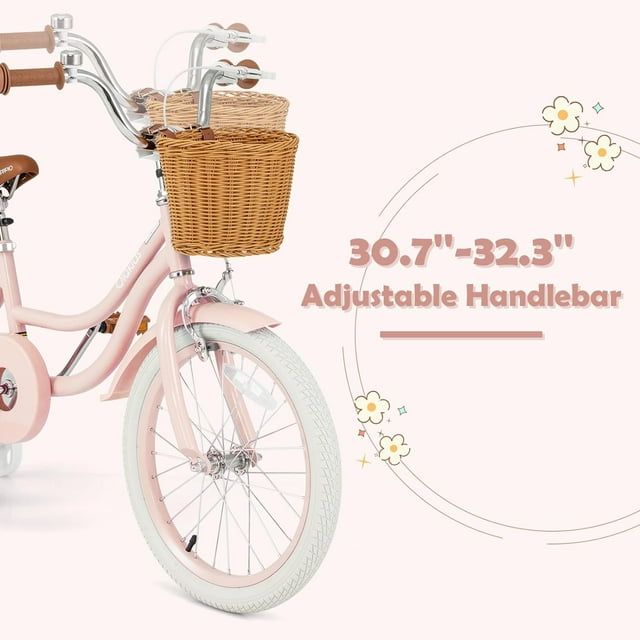 OLAKIDS Kids Bike, 14 16 18 Inch Toddlers Bike with Removable Training Wheels and Rattan Basket, Safety Bell, Adjustable Seat and Handlebar, Children's Bicycle for Girls Boys Age 3-8