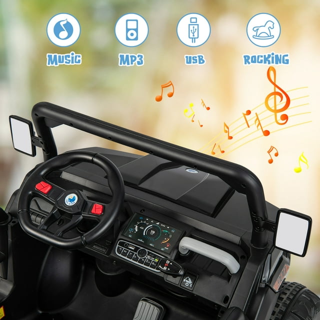 OLAKIDS 2 Seater Ride On UTV, 12V Kids Electric Vehicle Dump Truck with Remote Control, Dump Bed and Extra Shovel, Toddlers Battery Powered Car with Music, USB, AUX, Rocking Function