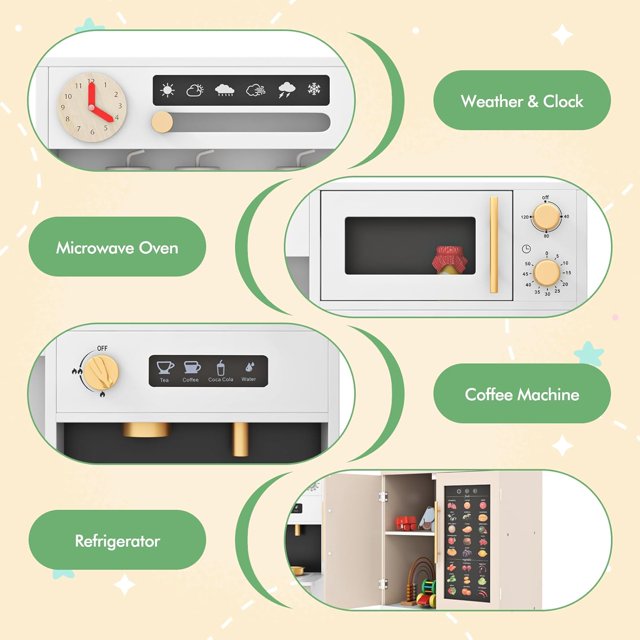 OLAKIDS Play Kitchen for Kids, 2-Piece Fridge Refrigerator Playset Combination with Electronic Interactive Alphabet Wall Chart Coffee Machine Stove Microwave, Toddler Wooden Pretend Cooking Set Gift