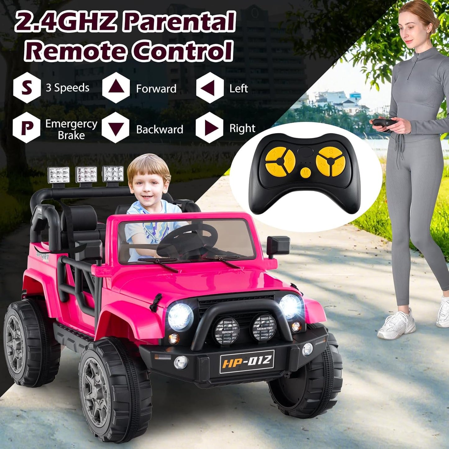 OLAKIDS Ride on Truck, 12V Battery Powered Electric Vehicle for Kids with Remote Control, Power Display, LED Lights, Story, Suspension System, MP3, Ride on Toy for 3+ Boys Girls