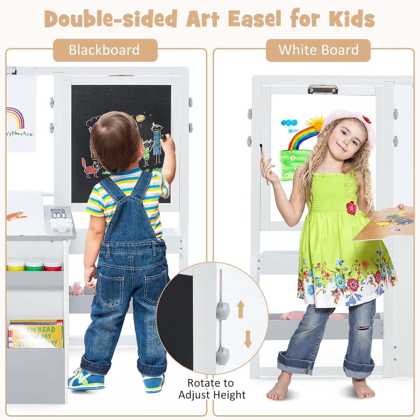 INFANS 3 in 1 Kids Art Table and Chair Set, Toddler Craft and Play Wood Activity Desk with Double-Sided Easel Blackboard Whiteboard, Paper Roll for Writing, Children Furniture for Daycare Nursery
