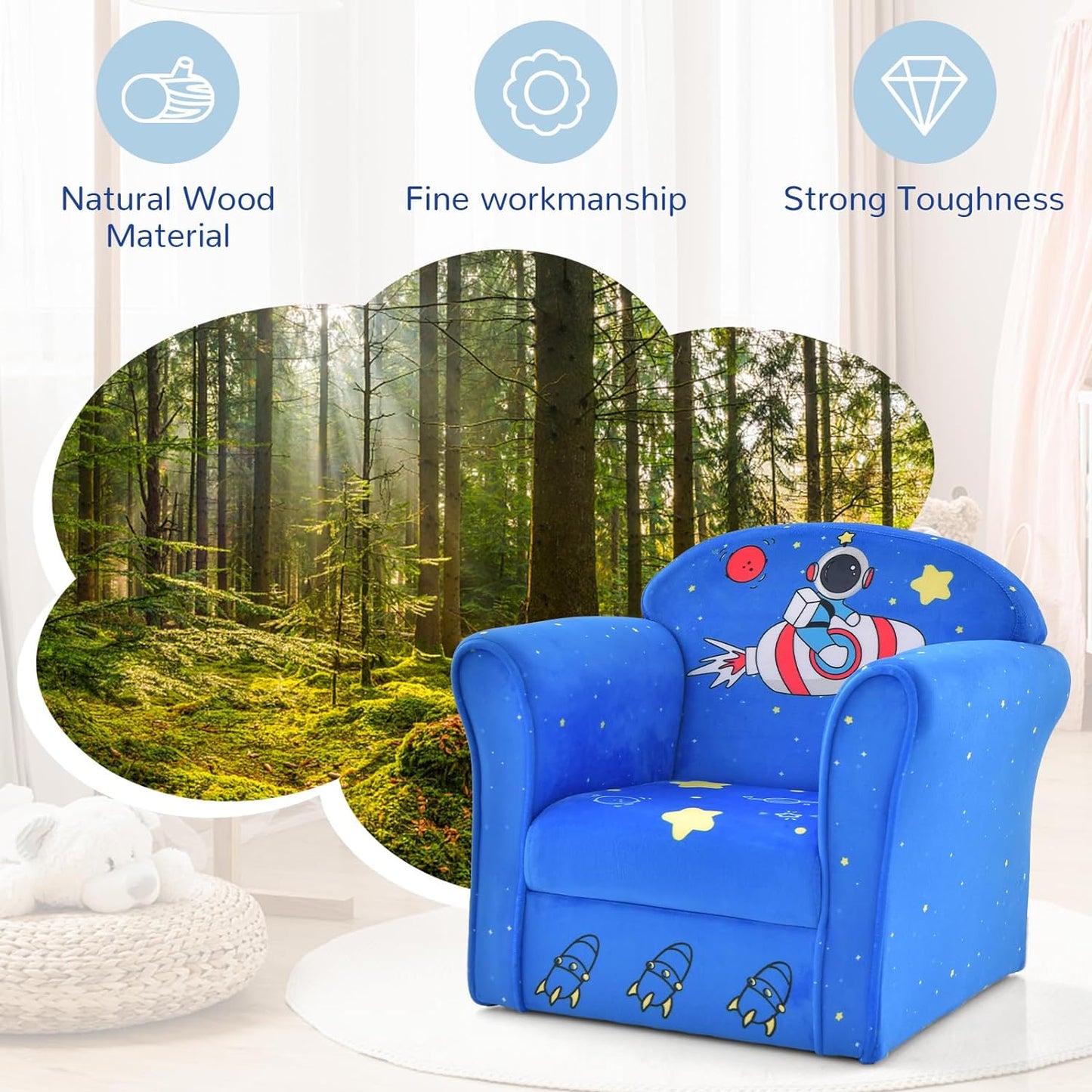 INFANS Kids Sofa, Toddler Armchair Chair with Sturdy Wood Construction Cartoon Pattern, Upholstered Children Armrest Couch for Nursery Kindergarten Playroom Preschool, Gift for Boys Girls
