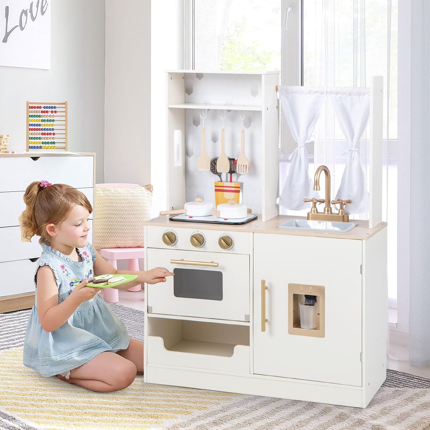 INFANS Kid Kitchen Playset, Toddler Wooden Pretend Cooking Set with Realistic Light & Sound, Stove, Sink, Microwave, Storage Cabinet, Play Kitchen Toy Set for Children Boys Girls