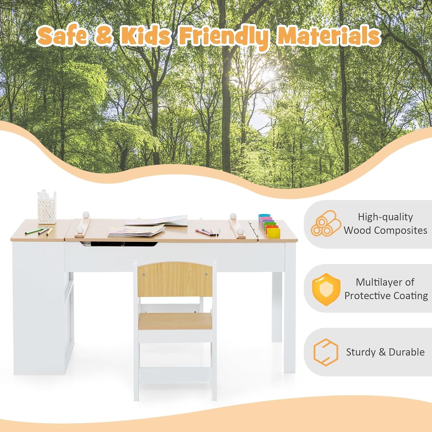 INFANS 2 in 1 Kids Art Table and Chair Set, Toddler Craft Play Wood Activity Desk with 2 Chairs Paper Roll Storage Canvas Bins for Drawing Writing, Children Furniture for Nursery