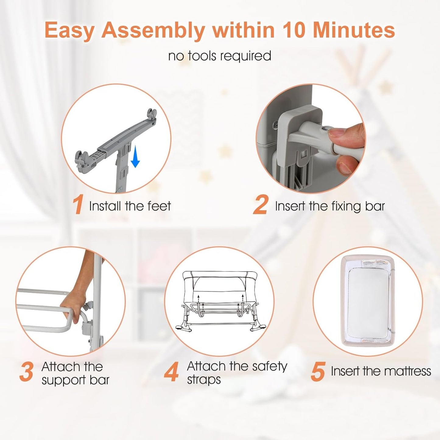 INFANS 3 in 1 Baby Bassinets, Bedside Sleeper for Newborn, Folding Crib with Mattress, Travel Bag, Wheels, 4-Sided Mesh, Easy to Assemble Cradle Co Sleeper Stationary, Rock