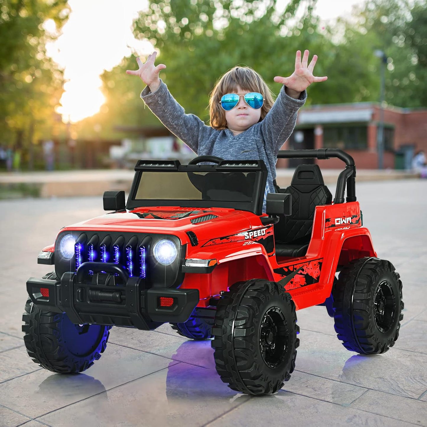 OLAKIDS Kids Ride on Truck, 12V Electric Vehicle with Remote Control, Battery Powered Toddler Car with Music, Horn, 3 Speeds, LED Lights, Bluetooth, USB, Radio
