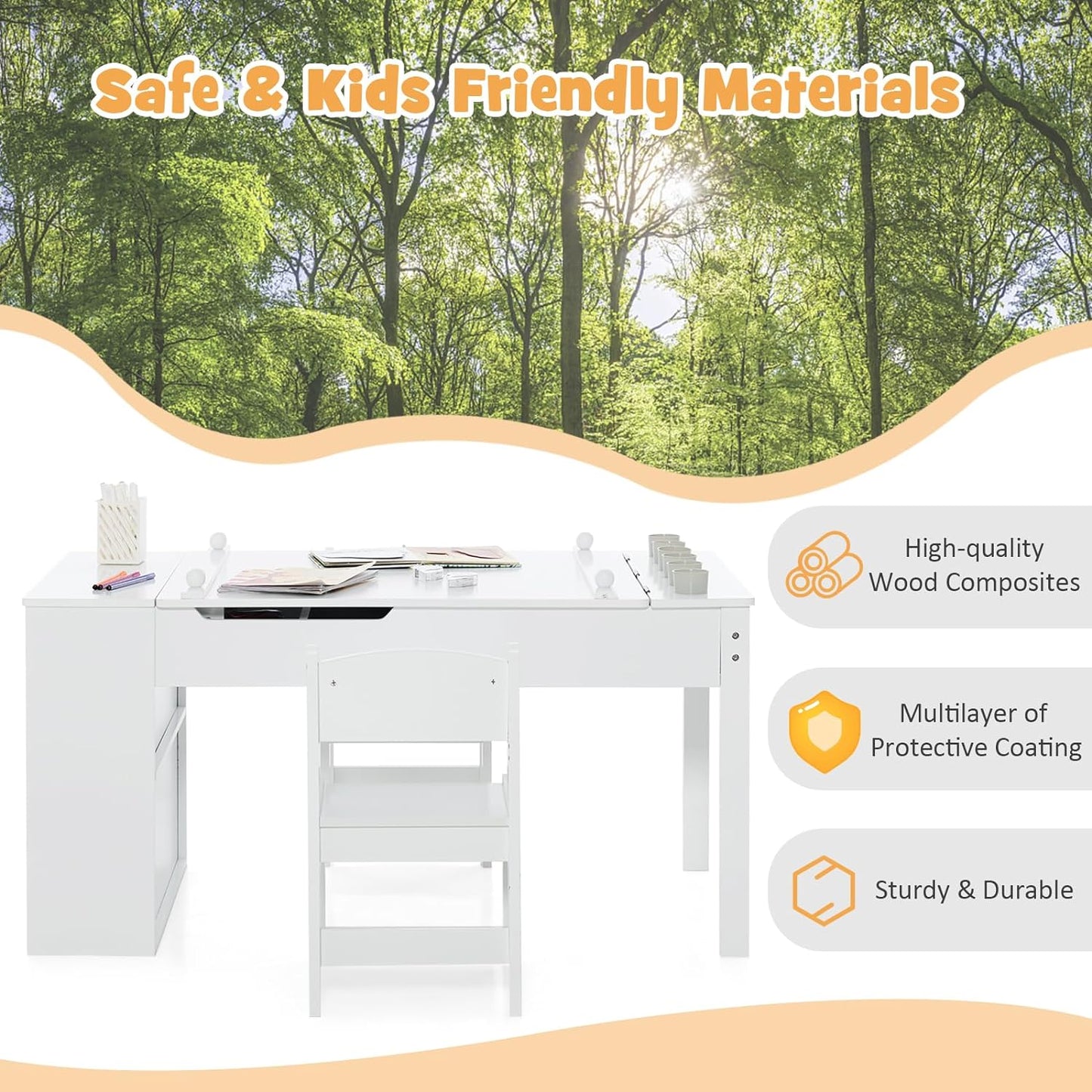 INFANS 2 in 1 Kids Art Table and Chair Set, Toddler Craft Play Wood Activity Desk with 2 Chairs Paper Roll Storage Canvas Bins for Drawing Writing, Children Furniture for Nursery