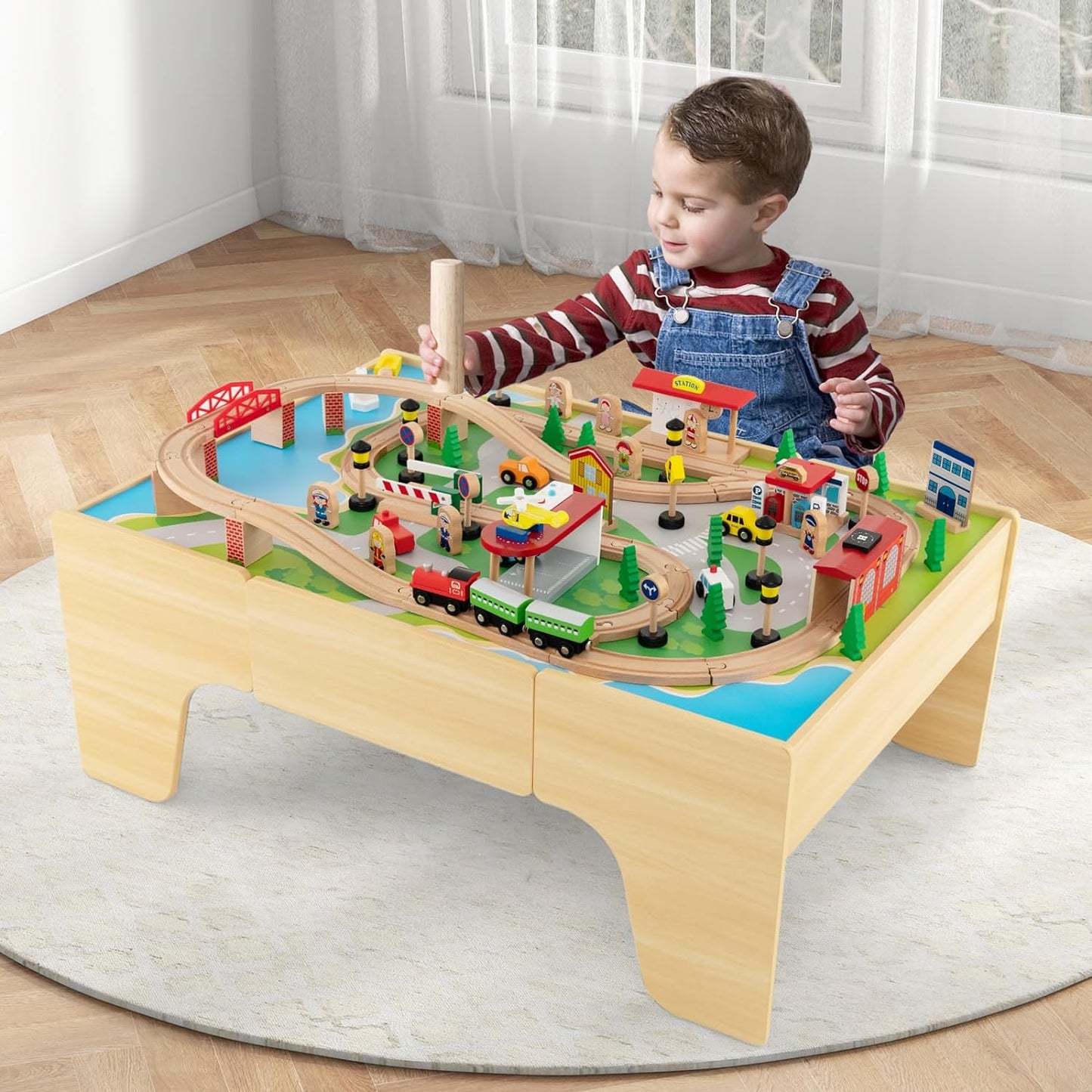 INFANS Train Table, 84 Pieces Wooden Kids Activity Toy Table Playset with Storage Drawer Reversible Detachable Tabletop, Tracks, Train, Railway, City, Gift for Toddler Boys Girls Ages 3+