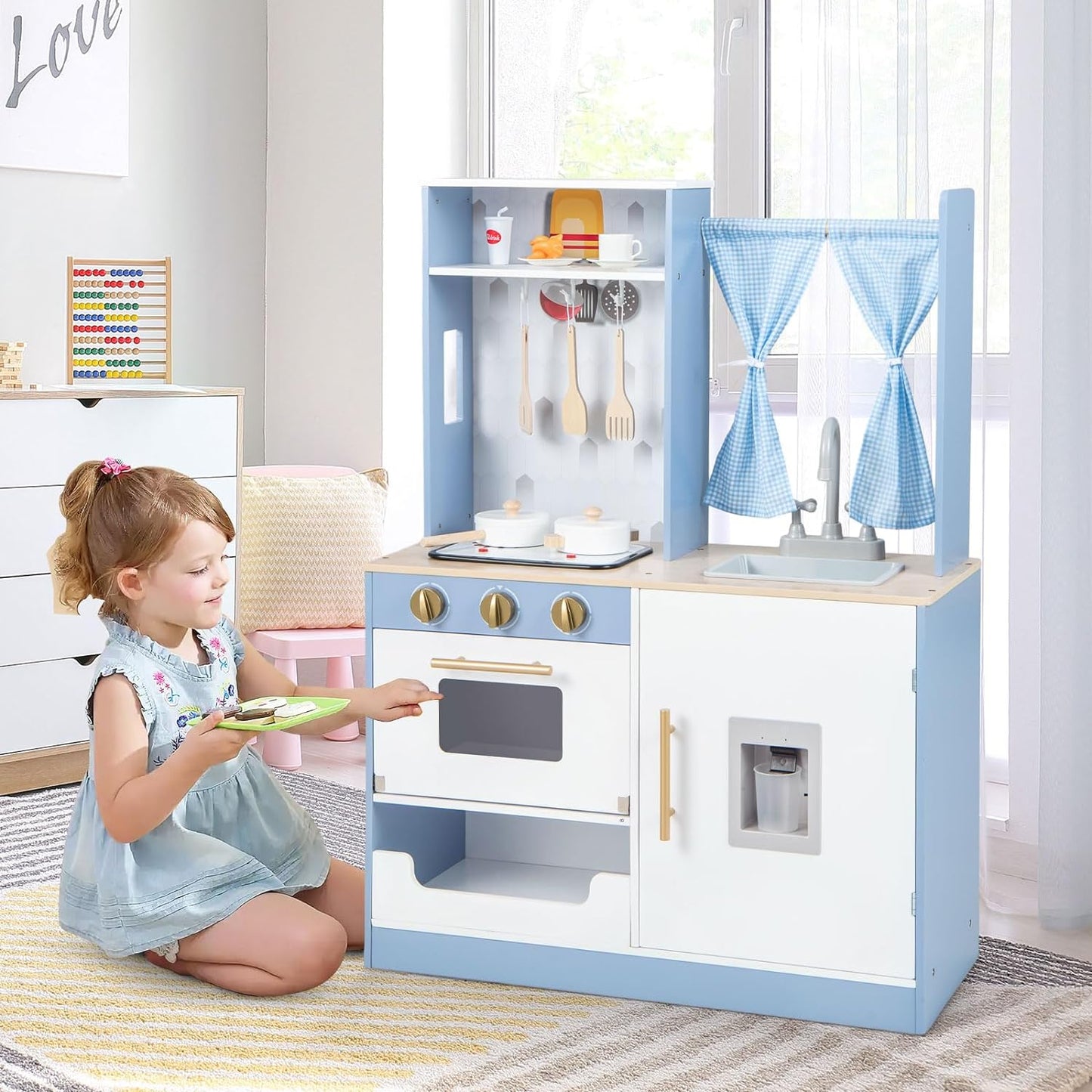 INFANS Kid Kitchen Playset, Toddler Wooden Pretend Cooking Set with Realistic Light & Sound, Stove, Sink, Microwave, Storage Cabinet, Play Kitchen Toy Set for Children Boys Girls