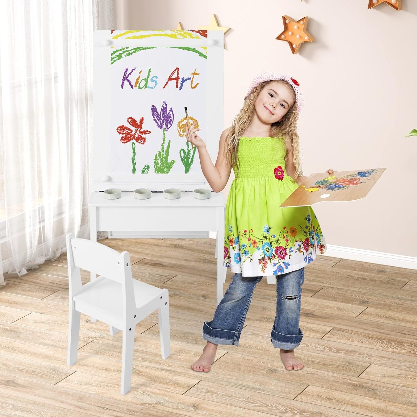 INFANS 2 in 1 Kids Art Table and Chair Set, Toddler Craft Play Wood Activity Desk with 2 Chairs Paper Roll Storage Canvas Bins for Drawing Writing, Children Furniture for Nursery