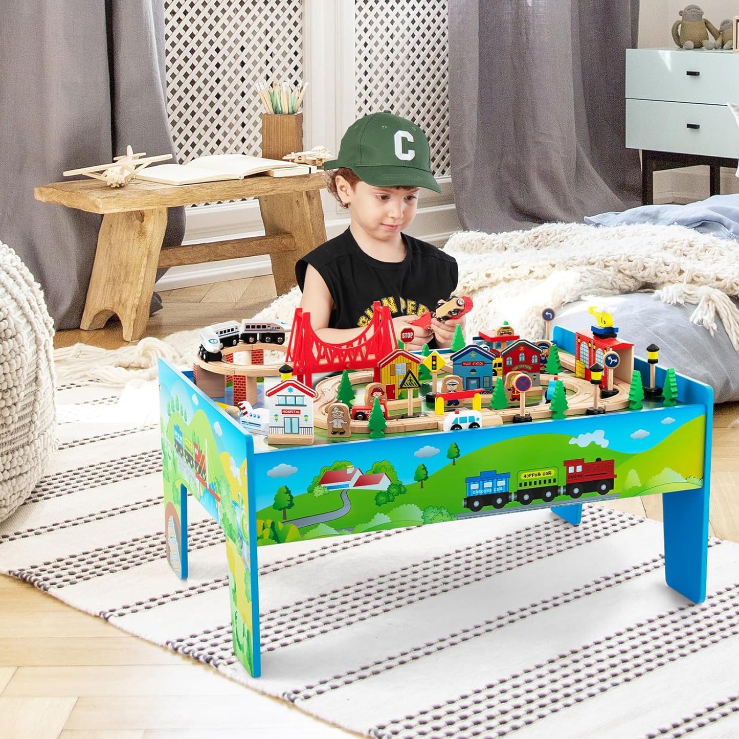 INFANS Train Table, 84 Pieces Wooden Kids Activity Toy Table Playset with Storage Drawer Reversible Detachable Tabletop, Tracks, Train, Railway, City, Gift for Toddler Boys Girls Ages 3+