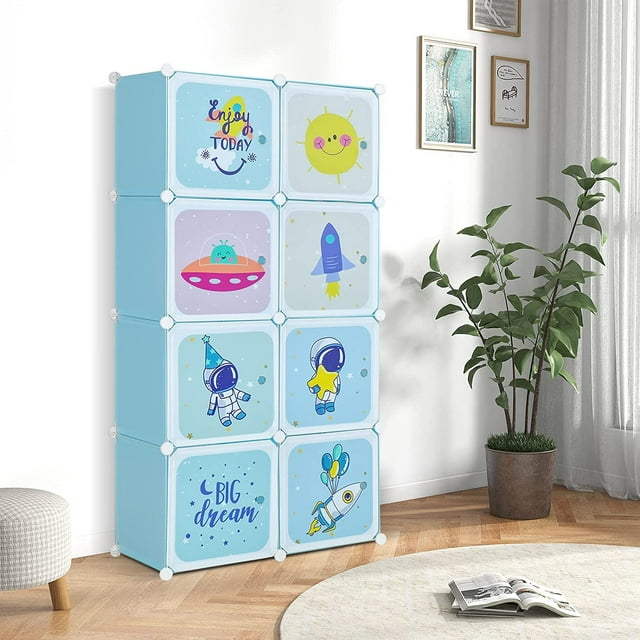 INFANS Children Wardrobe, Kid Closet Portable Baby Dresser Cute for Kids Bedroom Nursery Armoire with Doors 12 Cube 2 Hanging Sections, Kid Clothes Storage Organizer
