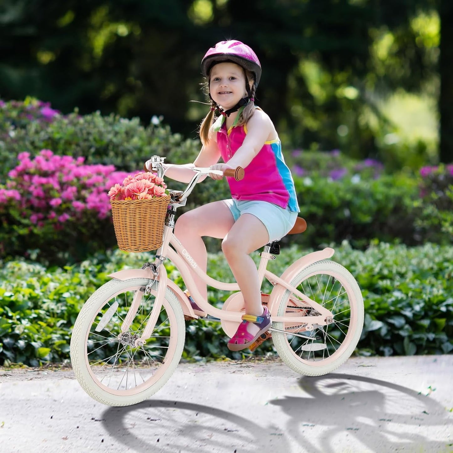 OLAKIDS Kids Bike, 14 16 18 Inch Toddlers Bike with Removable Training Wheels and Rattan Basket, Safety Bell, Adjustable Seat and Handlebar, Children's Bicycle for Girls Boys Age 3-8