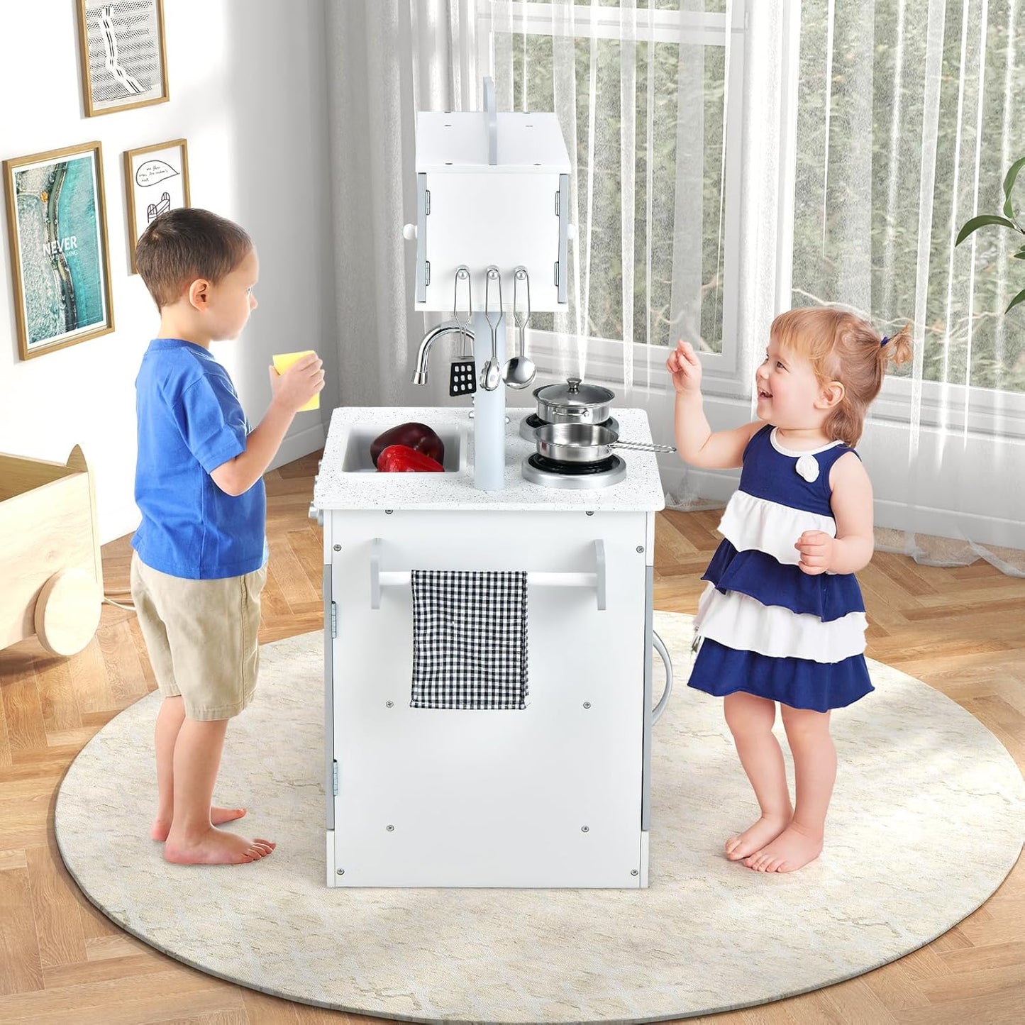 OLAKIDS 2 in 1 Kids Play Kitchen and Restaurant, Double Sided Toddler Wooden Pretend Cooking Set with Stove Sink Microwave Storage Cabinet, Simulation Kitchen Toy Set for Boys Girls