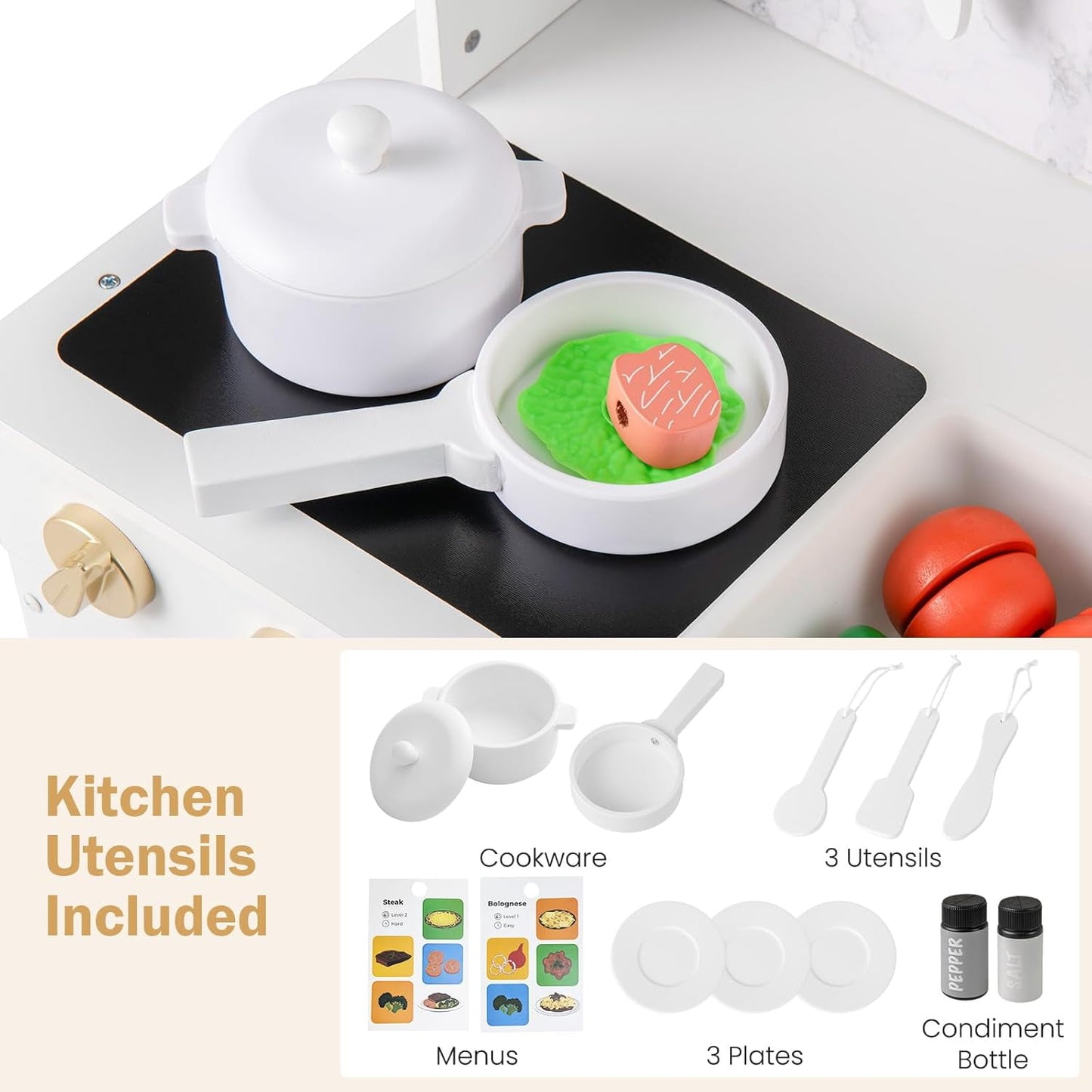 OLAKIDS Kids Kitchen Playset, Toddler Wooden Pretend Cooking Set with with Telephone Stove Microwave Storage Cabinet, Play Kitchen Toy Set with Toy Food Cookware Accessories for Children Boys Girls