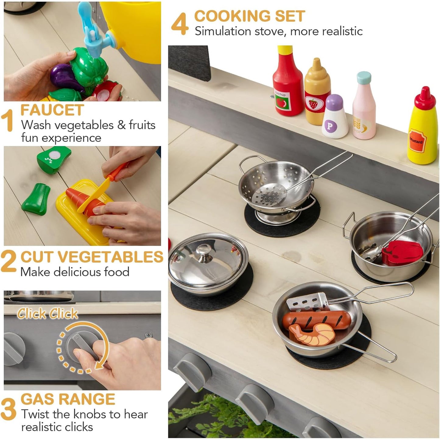 OLAKIDS Mud Kitchen, Outdoor Play Kitchen with Faucet Chalkboard Stoves Removable Sink Cooking Accessories Wooden Kids Kitchen Playset Backyard Garden Toys Gift for Boys Girls Ages 3+