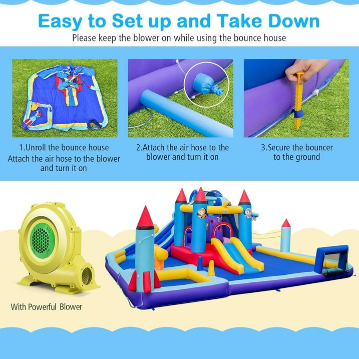 OLAKIDS Inflatable Water Slide, 10 in 1 Rocket Theme Bounce House Water Park with 2 Slides Splash Pool Volleyball Soccer Gate, Outdoor Inflatable Obstacle Course for Kids Backyard (Without 950W)