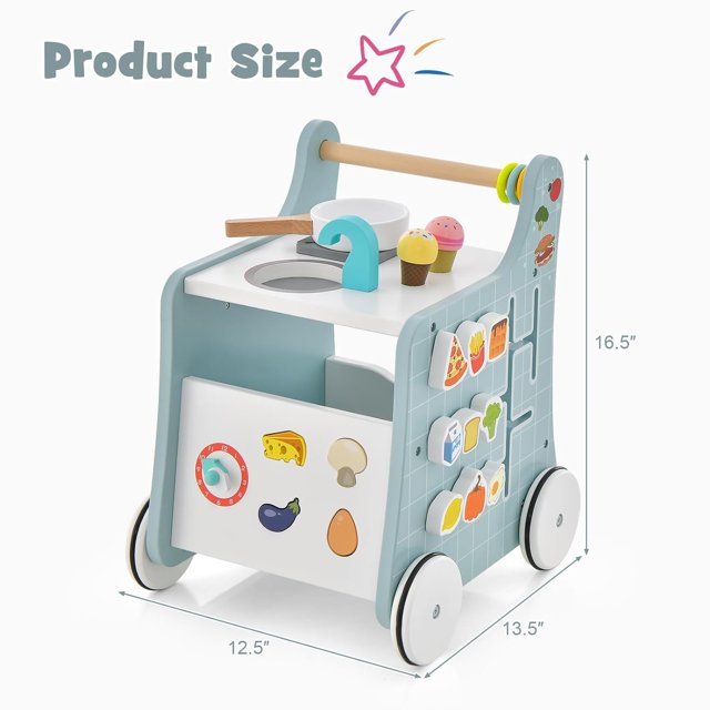 INFANS 6 in 1 Baby Push Walker, Wooden Play Kitchen Playset, Toddler Learning Activity Walker with Shape Sorter Movable Slider, Montessori Educational Toy for Girls Boys 1-3 Years