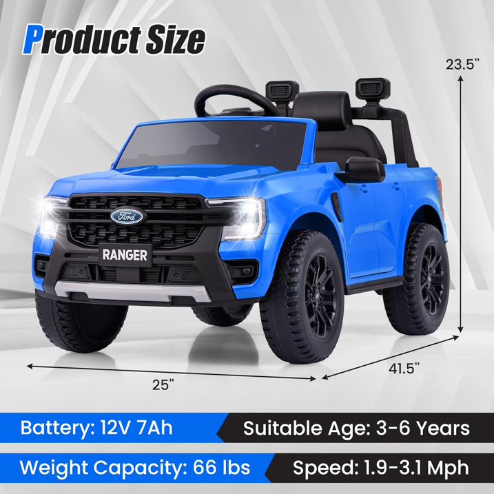 Licensed Ford Ranger Ride on Car for Kids by OLAKIDS, 12V Electric Vehicle with Remote Control, Toddlers Battery Powered Toy Gift with 2 Speeds, Wheels Suspension, Storage Space, Bluetooth USB