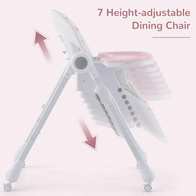 INFANS Baby High Chair, 3 in 1 Quick Folding Portable Highchair for Toddlers with 4 Lockable Universal Wheels Multiple Adjustable Seat Height Backrest and Footrest, Removable Double Trays (Rabbit)
