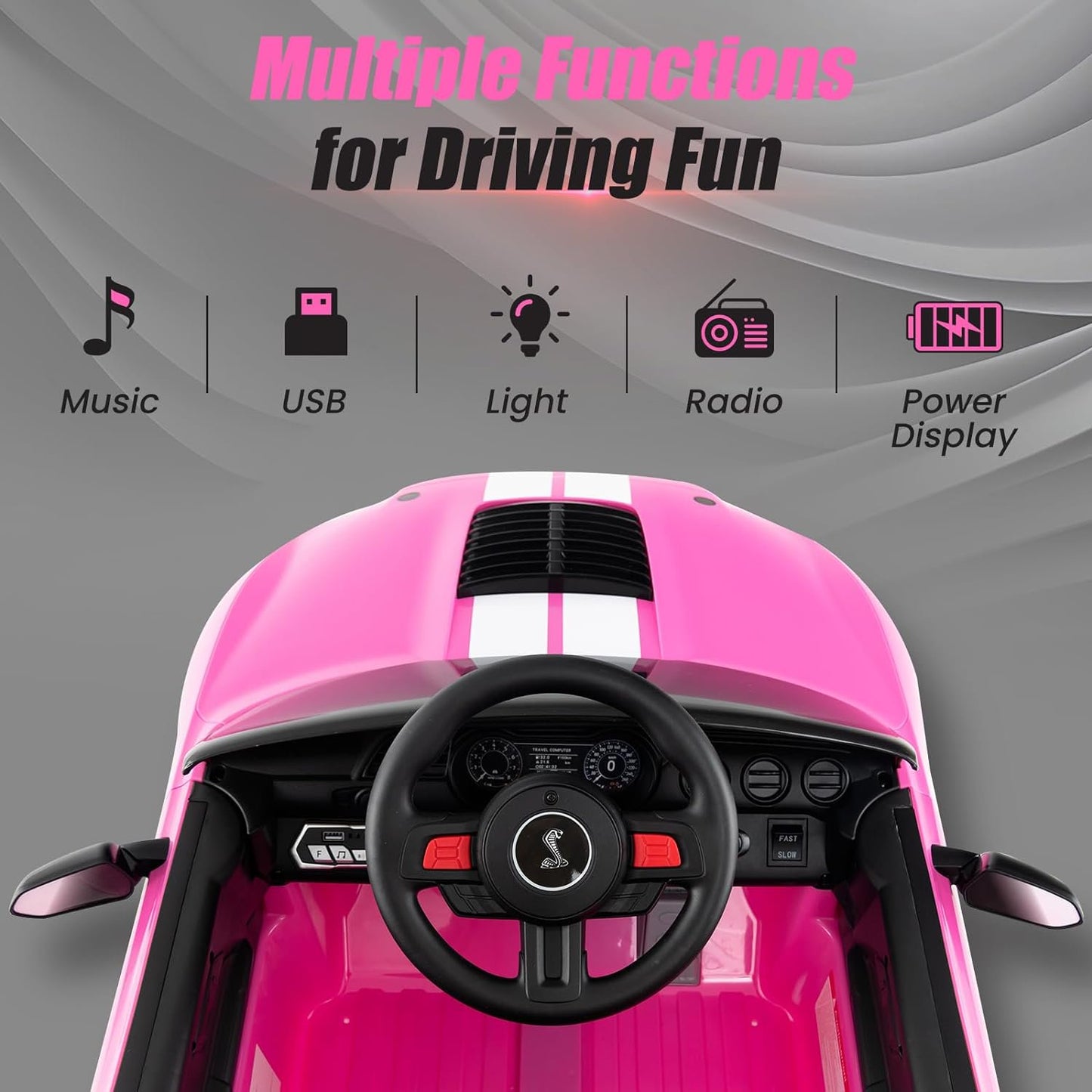 Licensed Ford Mustang GT500 Ride on Car for Kids by OLAKIDS, Battery Powered Electric Vehicle with Remote Control, Headlight, Power Display, USB, Music, Radio, Aged 3-8