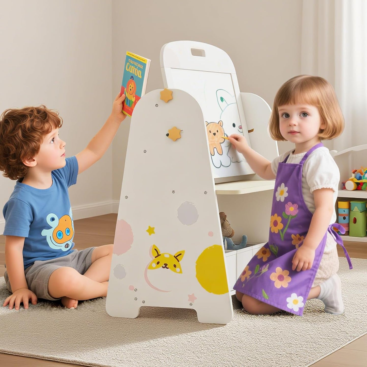 OLAKIDS Easel for Kids with Chair, 4 in 1 Double-Sided Adjustable Magnetic Chalkboard & Whiteboard with Bookshelves, Storage Bins, Wooden Standing Painting Drawing Art Board for Boys Girls