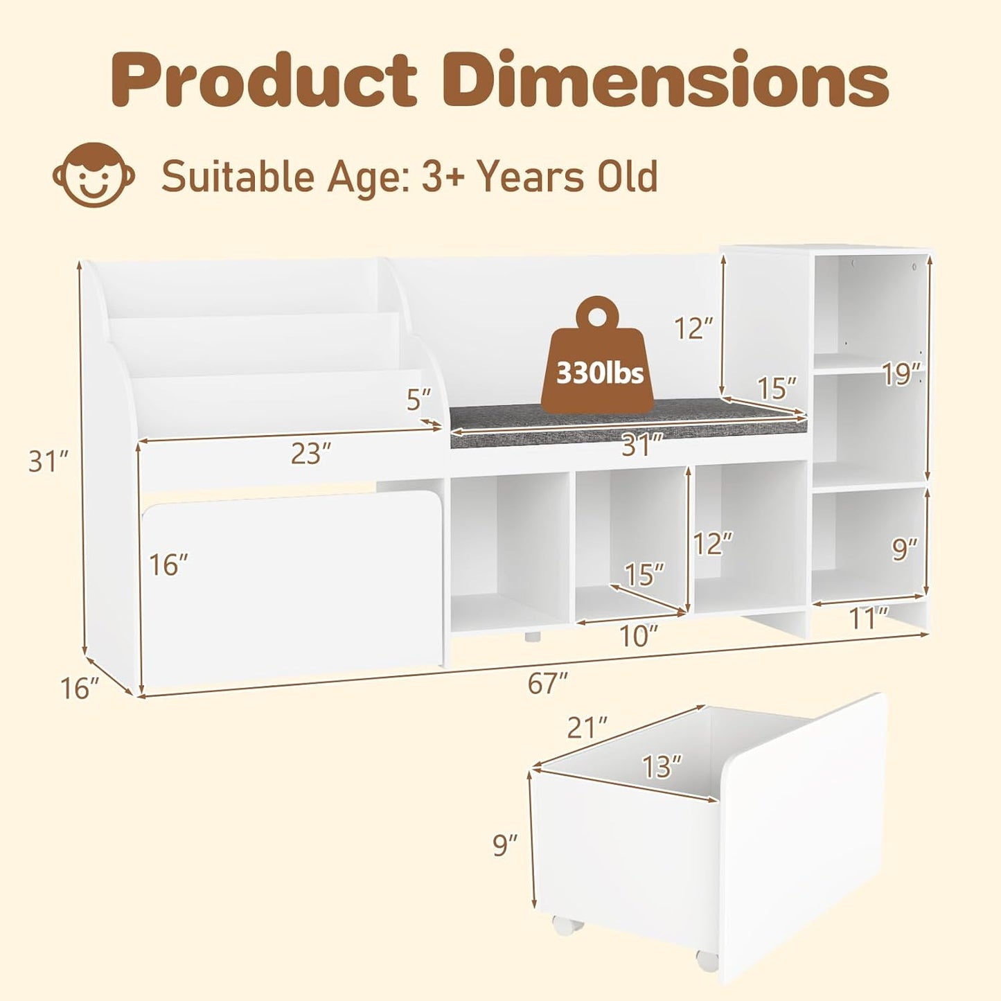 OLAKIDS Kids Bookshelf Toy Storage Organizer with Reading Nook Seat Cushion
