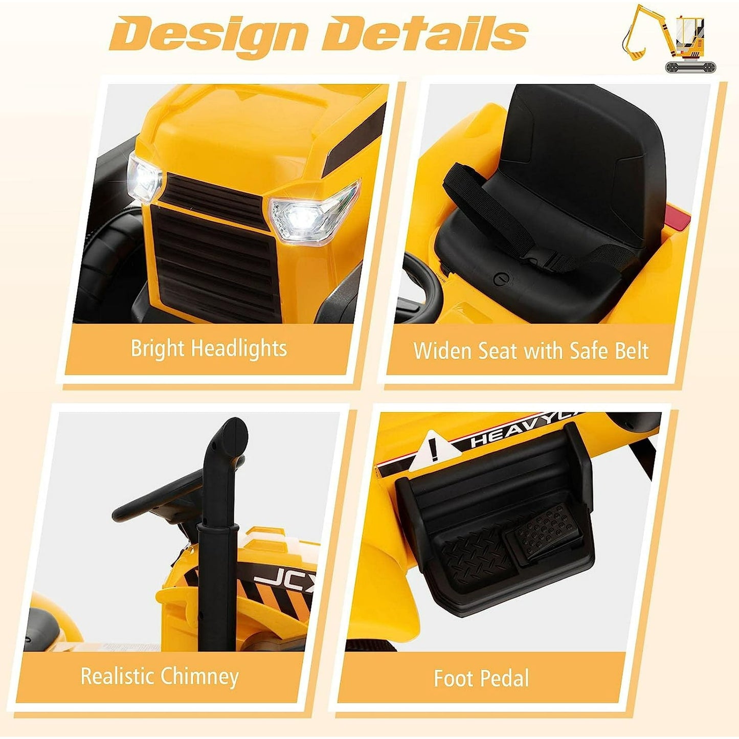 OLAKIDS Kids Ride on Car, 12V Electric Excavator Vehicle Construction Truck with Remote Control, Adjustable Bucket, Toddlers Battery Powered Bulldozer Tractor with 2 Speeds, Music, Bluetooth, USB, MP3