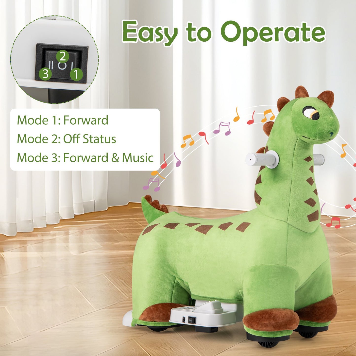 OLAKIDS Ride on Toys, 6V Electric Battery Powered Electric Ride on Dinosaur with Music, Padded Seat, Forward, Foot Pedal, Wheels, Riding Horse Toy for Boys Girl Aged 3+