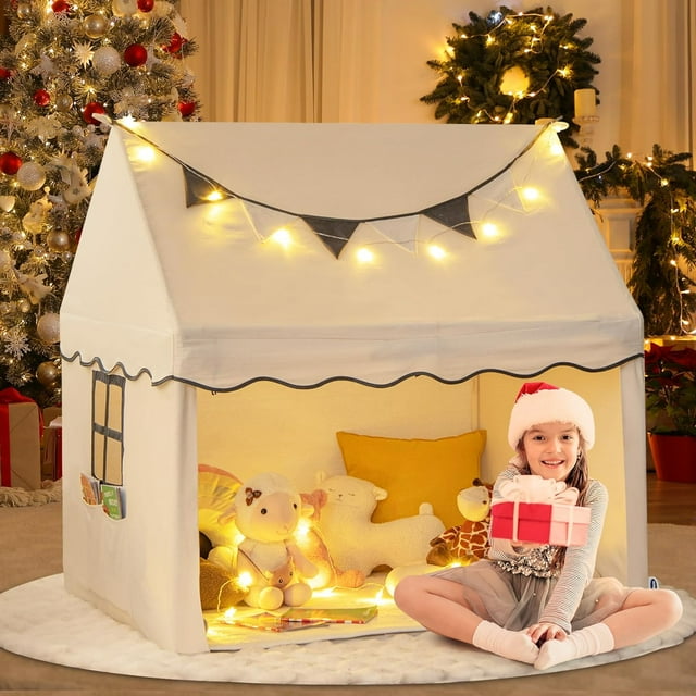 INFANS Kids Play Tent with Washable Mat Star Light Windows, Anti-Trip Large Playhouse Toys for Children Boys Girls, Indoor Outdoor Princess Tents Castle for Toddlers (Beige)