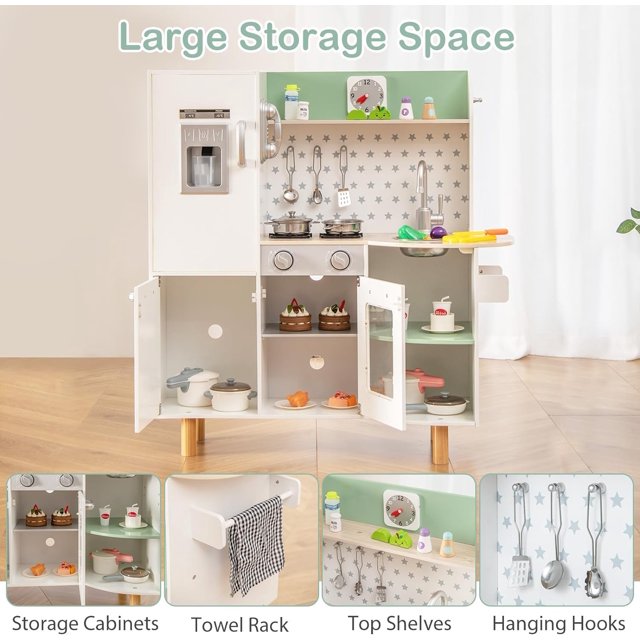 INFANS Kid Kitchen Playset, Toddler Wooden Pretend Cooking Set with Realistic Light & Sound, Stove, Sink, Microwave, Storage Cabinet, Play Kitchen Toy Set for Children Boys Girls