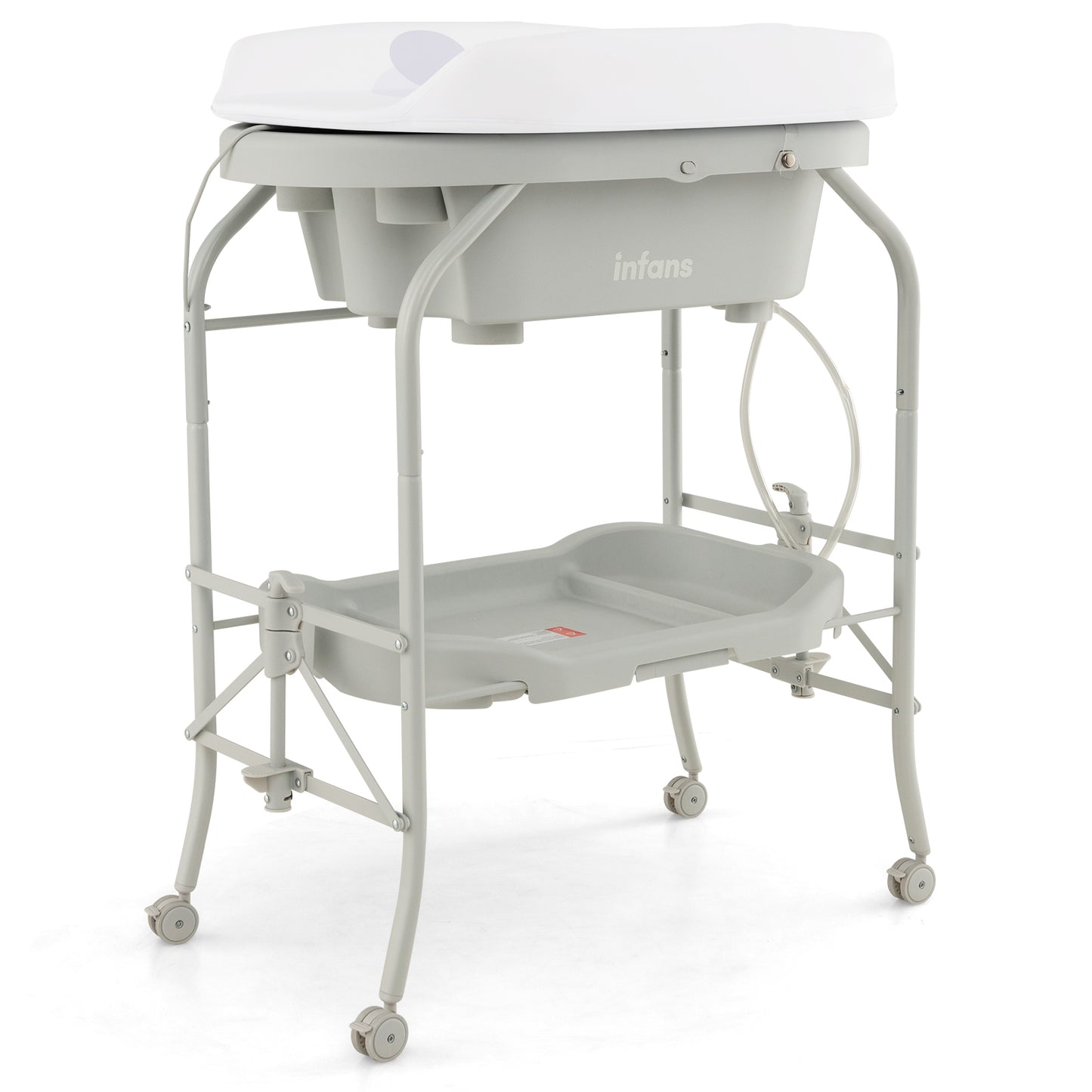 INFANS 2 in 1 Baby Changing Table with Bath Tub Unit, Folding Diaper Dresser Station with Wheels Waterproof Pad Storage Rack, Portable Nursery Organizer Stand for Newborn Infant