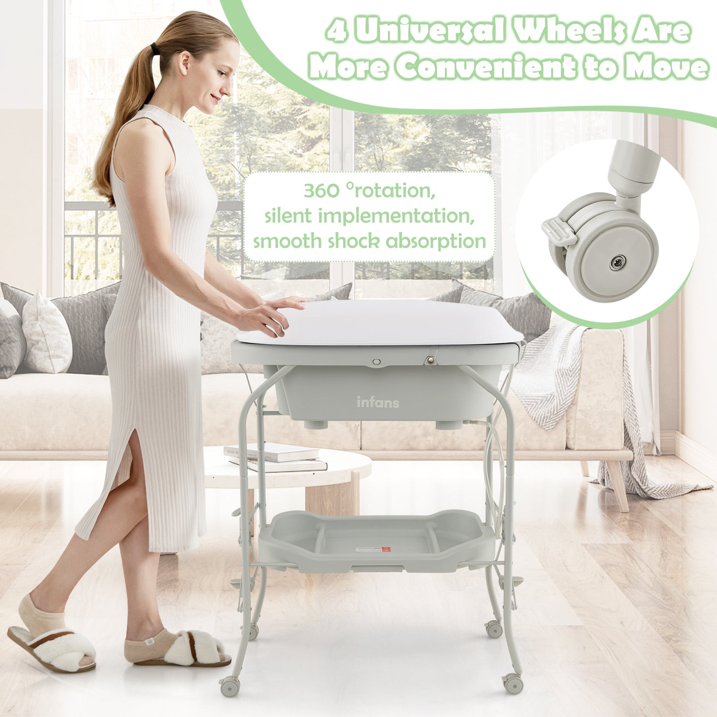 INFANS 2 in 1 Baby Changing Table with Bath Tub Unit, Folding Diaper Dresser Station with Wheels Waterproof Pad Storage Rack, Portable Nursery Organizer Stand for Newborn Infant