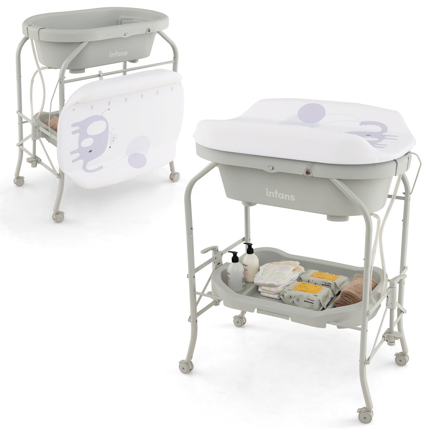 INFANS 2 in 1 Baby Changing Table with Bath Tub Unit, Folding Diaper Dresser Station with Wheels Waterproof Pad Storage Rack, Portable Nursery Organizer Stand for Newborn Infant